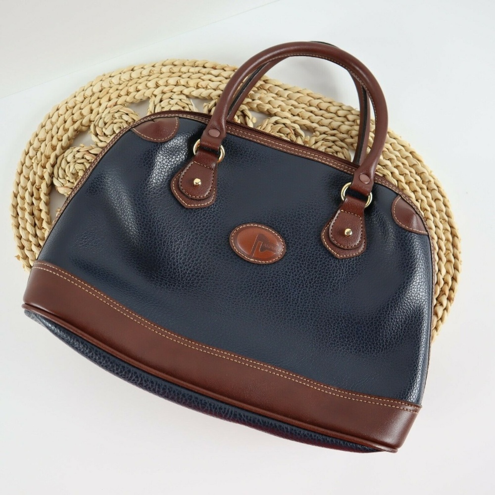 Tan & Navy Blue Leather Handbag luxury look - Picture 7 of 8